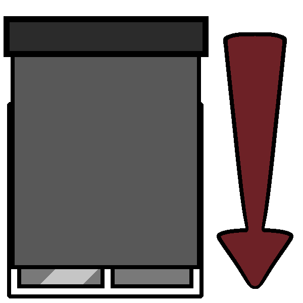 A window covered by gray blinds, with a red arrow pointing downwards next to it.